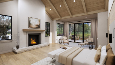 rendering of bedroom with fireplace